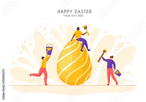 Easter Day - miniature people decorate giant easter eggs, tiny man and woman with macro spring holiday objects, teamwork concept, ideal for banner, website, cards - vector flat or handdrawn characters