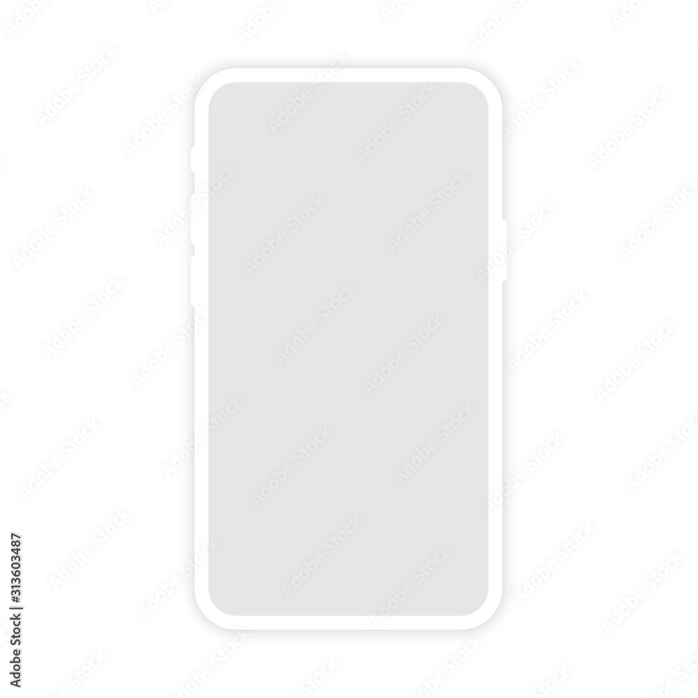 White Phone Mockup with blank screen, isolated on white background. Smartphone with shadow vector icon. New version of soft clean white mobile phone. Vector