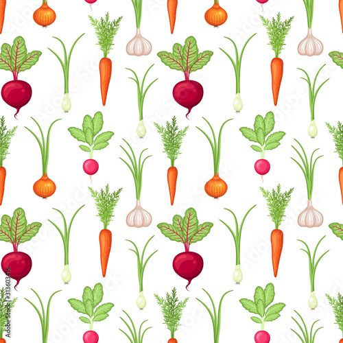 Seamless pattern with carrot, onion, garlic, radish, beet root vegetables on white background
