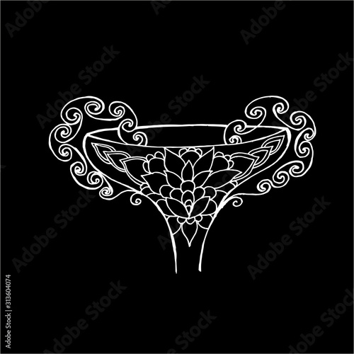 Chalk on a blackboard. Illustration of a bowl in ancient style. Ornament on the bowl.