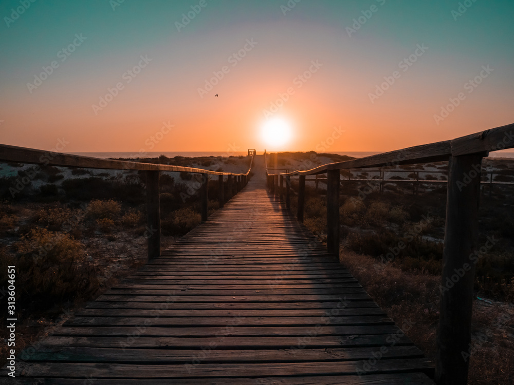 Fototapeta premium Wooden walkway towards sunset