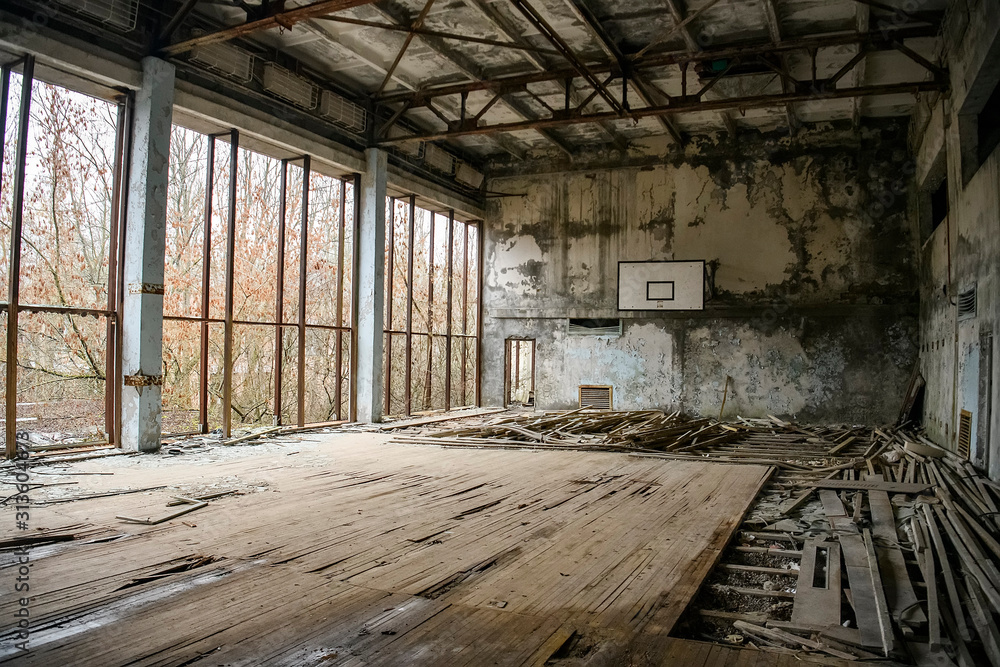 Abandoned Gym in ghost town Prypiat in Chornobyl exclusion zone. Pripyat, Ukraine, December 2019 Abandoned Gym in ghost town Prypiat in Chornobyl exclusion zone. Pripyat, Ukraine, December 2019