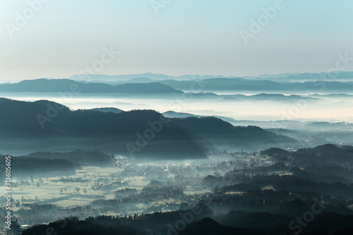 Foggy morning mountain landscape in Slovenia