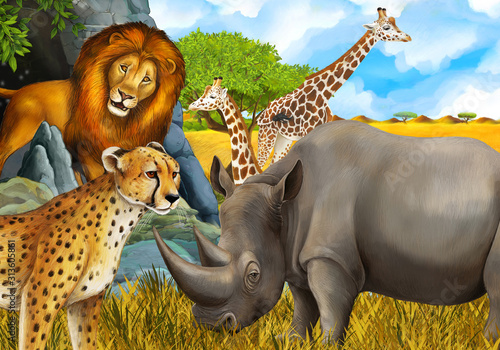 Fototapeta Naklejka Na Ścianę i Meble -  cartoon scene with giraffes rhinoceros rhino and cheetah on the meadow near some mountain safari illustration for children