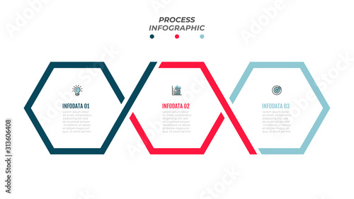 Business Infographics template design elements with hexagon timeline process and 3 steps, labels. Vector illustration.
