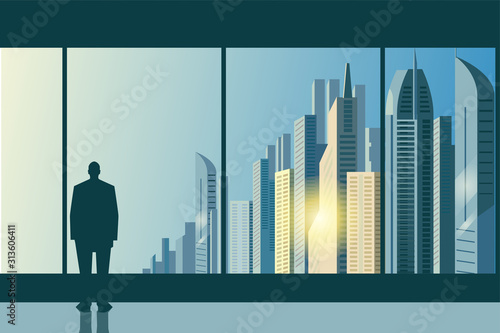 A man's silhouette stands at the glass in the office and admires the dawn in the city. City of the future skyscrapers at dawn. Vector horizontal illustration.