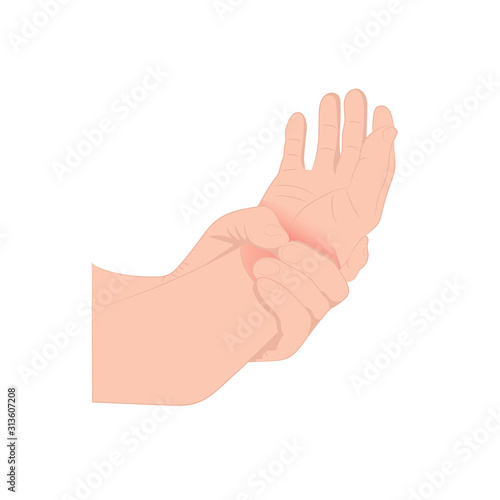 Pain in the wrist, man holding her wrist pain because Ligament in the wrist area, vector illustration concept Disease and healthcare