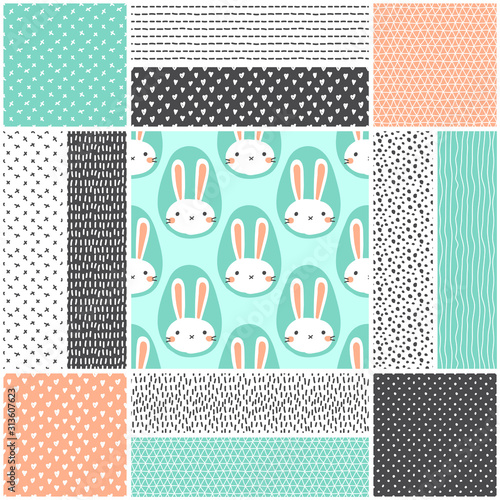Cute set of scandinavian Easter seamless patterns with hand drawn rabbits egg shaped portrait, creative spring design in naive art doodle style
