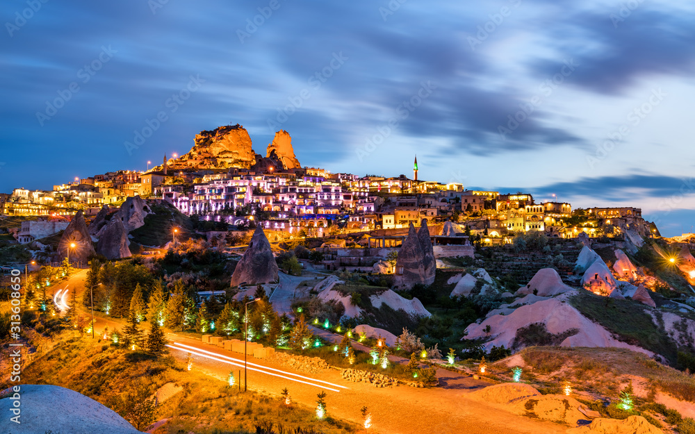Obraz premium View of Uchisar at sunset. Cappadocia, Turkey