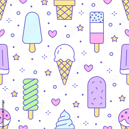 Ice cream background, sweet food seamless pattern. Vanilla icecream, frozen yogurt, popsicle lolly line icons. Summer dessert colorful vector illustration, pink, purple white color