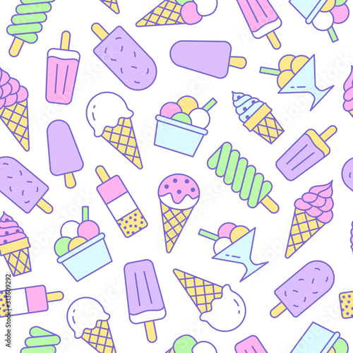 Ice cream background, sweet food seamless pattern. Vanilla icecream, frozen yogurt, popsicle lolly line icons. Summer dessert colorful vector illustration, pink, purple white color