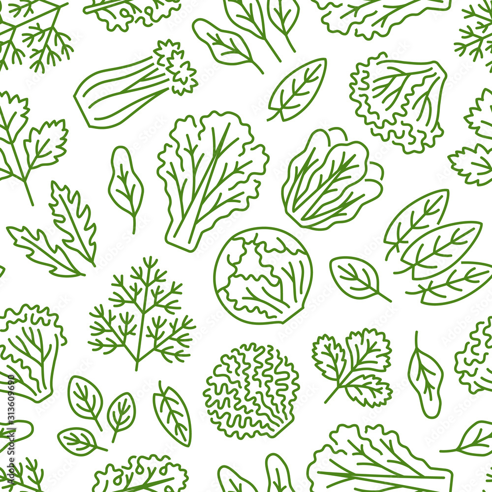 Food background, vegetables seamless pattern. Healthy eating - lettuce, iceberg salad, parsley, dill, spinach leaf line icons. Vegetarian, farm grocery store vector illustration, green white color