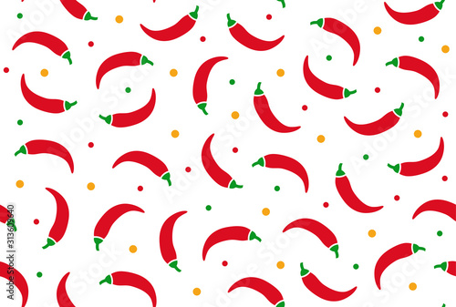 Chilli pepper background, spicy vegetable seamless pattern. Jalapeno flat icons. Mexican food vector illustration, red, green, white color
