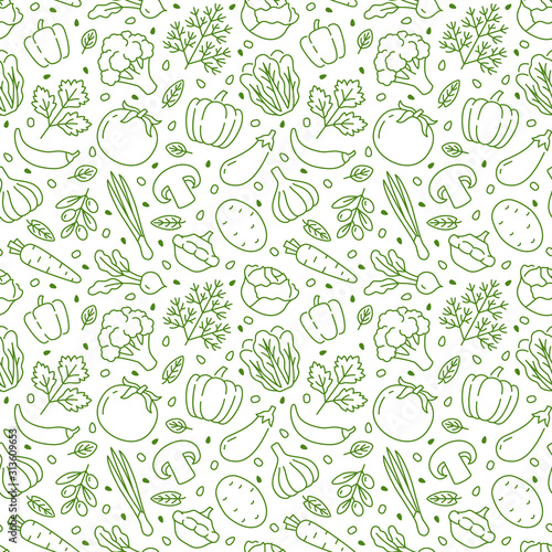Food background, vegetables seamless pattern. Healthy eating - tomato, garlic, carrot, pepper, broccoli, cucumber line icons. Vegetarian, farm grocery store vector illustration, green white color photo