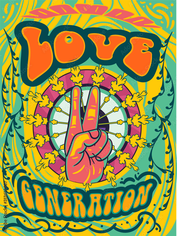 Bright psychedelic Love Generation cover design with hand giving the peace sign and colorful text on green and yellow abstract pattern, vector illustration