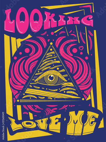 Looking Love Me cover, card or poster design with brightly colored text and central eye over a blue background