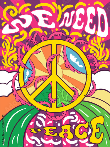Vibrant colorful We Need Peace design in retro hippie style with peace symbol and text over abstract patterns, vector illustration
