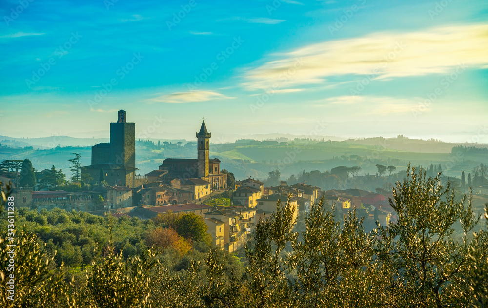 Vinci, Leonardo birthplace, village skyline and olive trees. Florence, Tuscany Italy