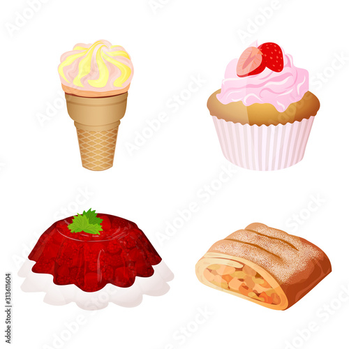 Set Icons Of Confectionery Product Consisting of Ice cream, Cupcake, Jelly, Apple strudel Isolated On White Background. Flat style. Vector illustration