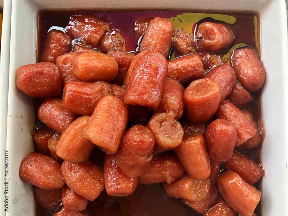 Boiled banana in syrup for sale in Thai market.