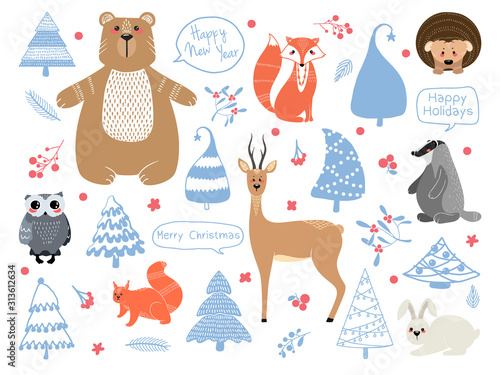 Cute animals: fox, badger, squirrel, owl, deer, doe, roe deer, hare, rabbit, hedgehog, bear and different elements.