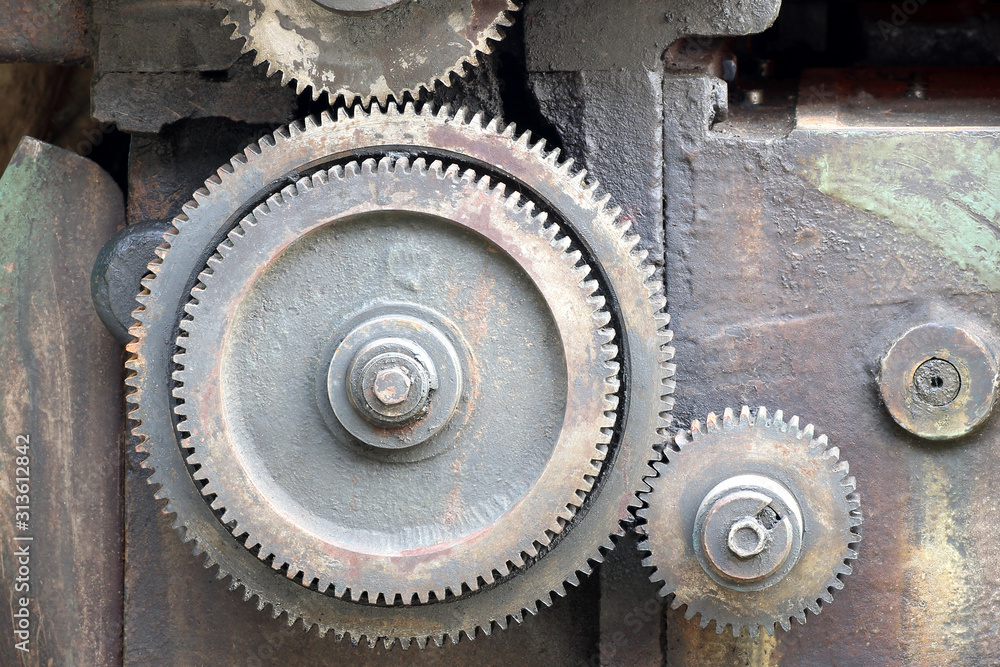 Close up old machine gear, metal cogwheels Close up old machine gear, metal cogwheels
