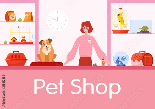 Pet shop counter interior with female worker seller.