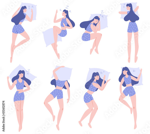 Set of woman sleep in different position. Female character in the bed