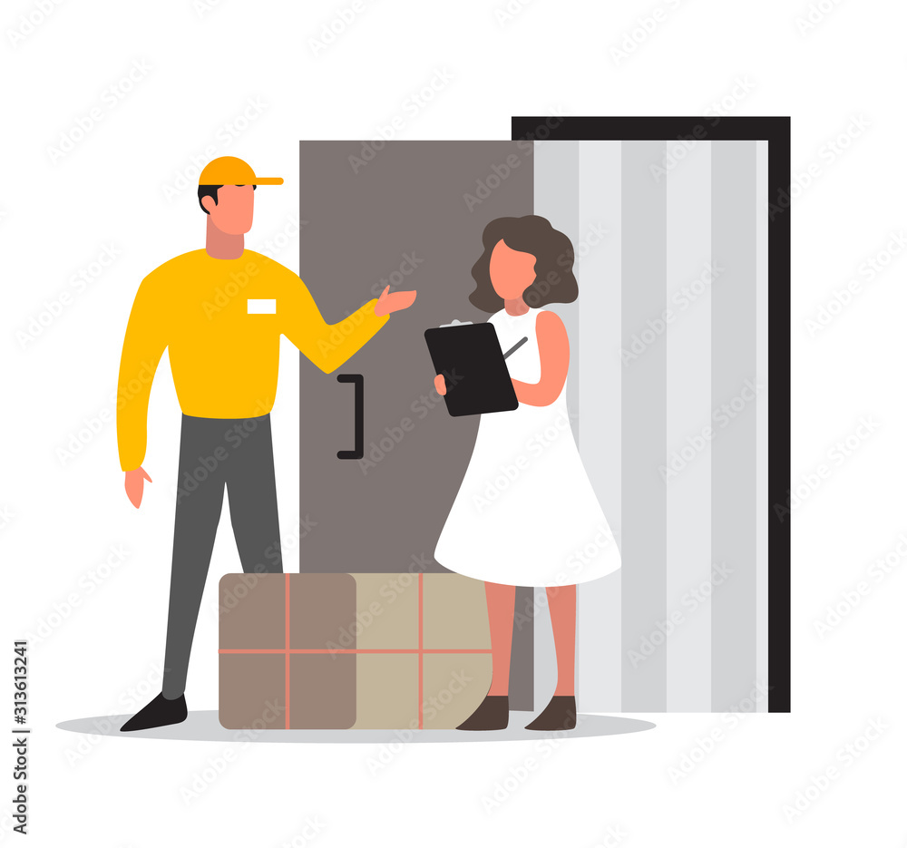 Obraz premium Delivery man with a purchase. Courier in uniform brings a box