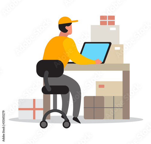 Delivery or warehouse man. Courier in uniform sit at the desk