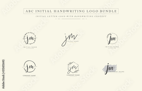 Initial letter J M JM bundle for identity and logo. Vector logo template with handwriting and signature style.