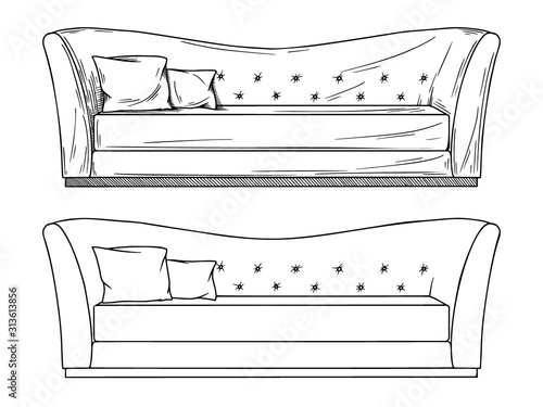 Realistic sketch of sofas isolated on white background. Vector