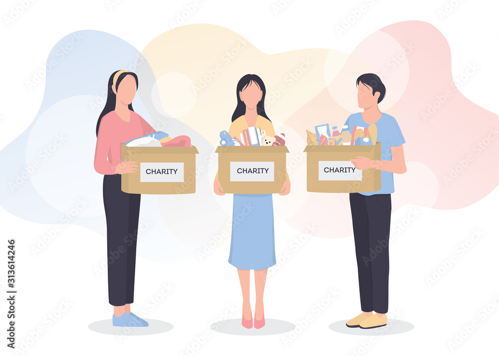 Charity concept. People donate stuff to help poor people.