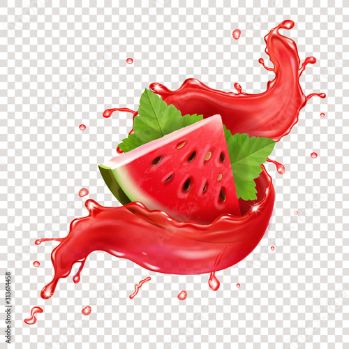Watermelon in red fresh juice splah realistic illustration