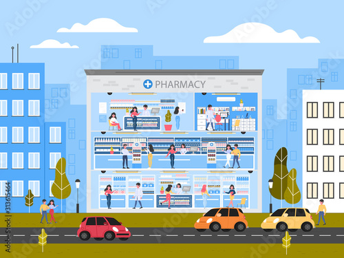 Modern pharmacy building interior with rooms and visitors.