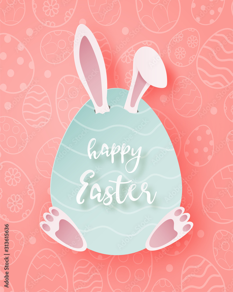 Happy Easter day poster and greeting card with bunny hide in big egg in paper cut style. Digital craft paper art. Happy Easter day poster and greeting card with bunny hide in big egg in paper cut style. Digital craft paper art.