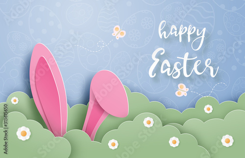 Happy Easter day background with bunny hide in grass in paper cut style. Digital craft paper art.