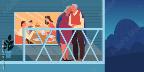 Old couple embracing outside. Elderly people spend time together