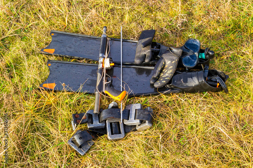 spearfishing equipment, selective focus with shallow depth of field, warm filter photo