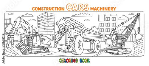 Crushing equipment and dump truck. Coloring book with background