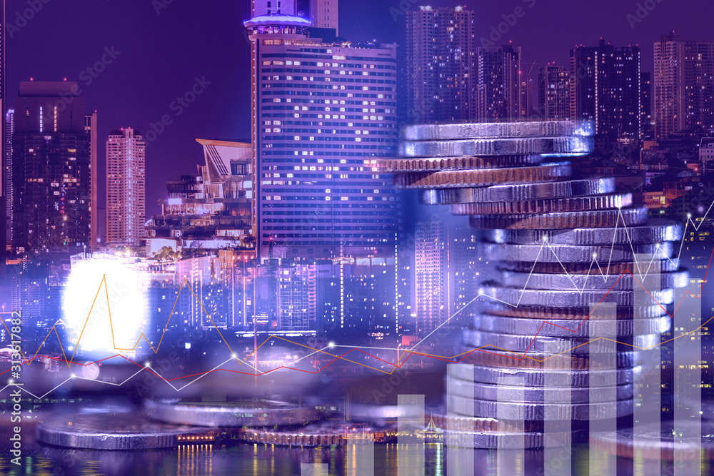 Naklejka premium Financial investment concept, Double exposure of city night and stack of coins for finance investor, Forex trading candlestick chart economic , ECN Digital economy, business, Poke lights.