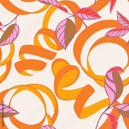 Lemon peel cut and twist. Citrus tree leaves, Botanical seamless pattern. Plant and fruit vegetal background in trendy flat style. Spiral ribbons. Textile and fabric design.