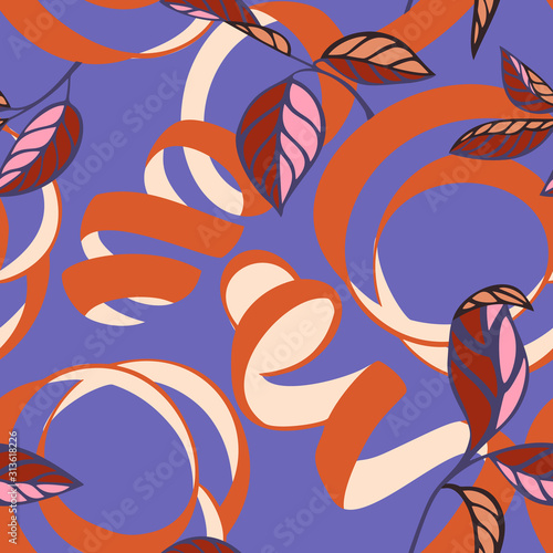 Lemon peel cut and twist. Citrus tree leaves, Botanical seamless pattern. Plant and fruit vegetal background in trendy flat style. Spiral ribbons. Textile and fabric design.