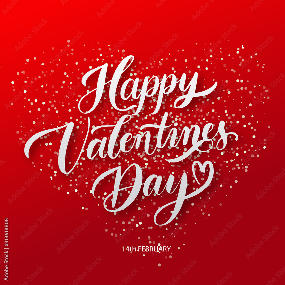 Happy Valentines Day  background with lettering. Holiday card illustration on red background.