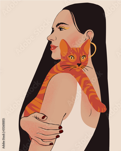 Beautiful young woman portrait holding a cat. Lady with long black hair isolated on pastel background.  Stylish girl with bright makeup. Happy pet owner.