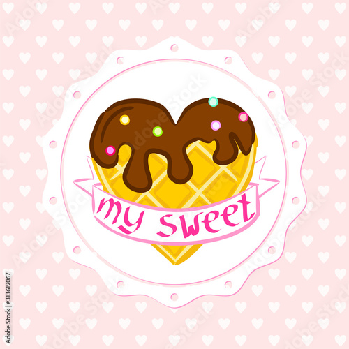 Heart shaped Belgian waffles with a text ribbon. Plain, with chocolate. Cute cartoon vector illustration. Valentine's Day Greeting Card. Waffles Heart wrapped in tape.