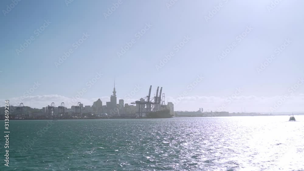 Shot from ferry approaching Auckland harbour, New Zealand Shot from ferry approaching Auckland harbour, New Zealand