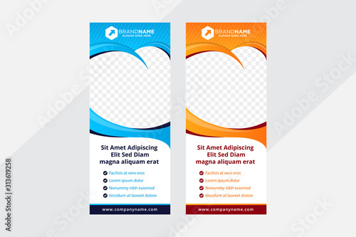 Dental care, dentist and tooth vertical banner and tooth for photo. the graphics design in blue and orange color background. Dental treatment and hygiene concept. family dental clinic template vector.