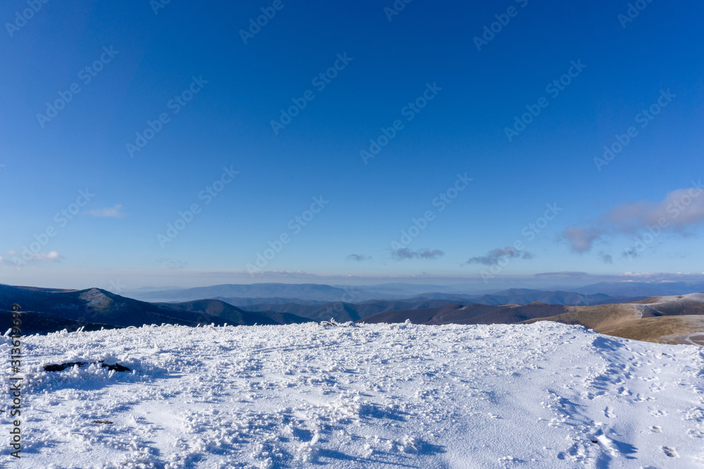 Panoramic view in winter carpathians. Borzhava ridge. Ukraine