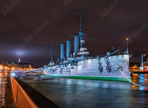 Lights of the night city. Old ship Aurora